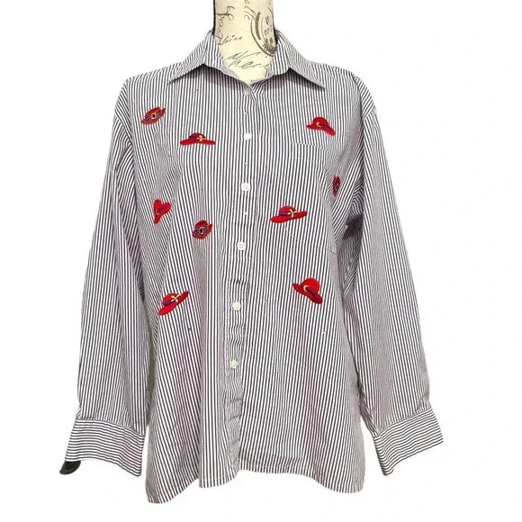 Draper's & Damon's Button Up Shirt Womens Medium Purple Striped‎ Red Hat Novelty - Picture 8 of 8